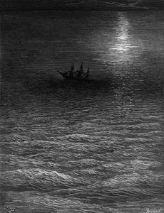 El barco abandonado en un mar iluminado por la luna, escena de 