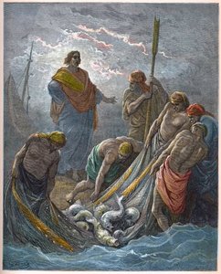 La pesca milagrosa - Grabado en "La Biblia ilustrada" por Gustave Doré (1832-1883) - Grabado de "La Biblia de Doré" de Gustave Dore