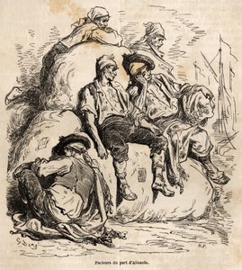 La siesta de los porteadores del puerto de Alicante, boceto realizado en vivo por Gustave Doré (1832-1883), para ilustrar su viaje a España, en 1862, con Ch. Davillier. Grabado en "Le tour du monde", editado por Edouard Charton de Gustave Dore
