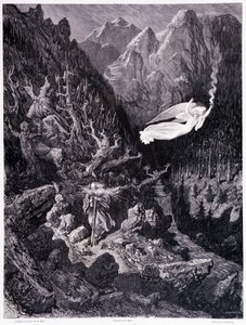 El anciano sosteniendo una bolsa y su bastón caminando en un paisaje hostil es superado por un ángel agitando una lanza de fuego, Placa VII - Ilustración de Gustave Doré (1832-1883), para La leyenda del judío errante de Pierre Dupont, edición Librería del  de Gustave Dore