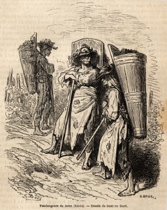 Los recolectores de Xeres. Dibujo de Gustave Doré, para ilustrar su viaje a España en 1862, con Ch. Davillier. Grabado en 