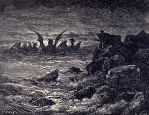 El profeta Daniel ve aparecer monstruos: Haniel, Kafziel, Azriel, Aniel. Grabado de la Biblia ilustrada por Gustave Doré. Siglo XIX de Gustave Dore