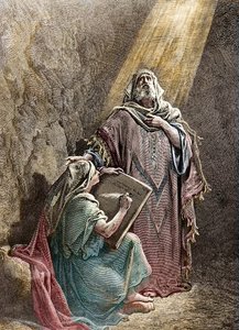 El profeta Jeremías dictando sus profecías a Baruc - Grabado coloreado por Pannemacker, de la Biblia de Gustave Doré (1832-1883)