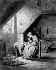 La canción de la camisa de Thomas Hood ed. Moxon. Moxon - Una pobre modista cose una camisa en un dormitorio, un crucifijo cuelga sobre la cama. ilustración (dibujo) de Gustave Dore hacia 1870 - Existe un boceto de este grabado en el Musee d