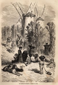 Los cardos del Canal, al pie de los molinos queridos por Don Quijote, con la representación de un galgo, una raza de perro muy frecuente en la región (la figura del galgo corredor siempre hambriento en Don Quijote) y una multitud de niños mendigos, verdade de Gustave Dore