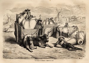Las tinajas del Canal, el uso de estas enormes jarras de barro reemplaza el uso de barriles y su uso es muy antiguo. Grabado para ilustrar el viaje a España por Gustave Doré (1832-1883) ilustrador y el Barón Ch. Davillier redactor, en 1862, publicado en “L de Gustave Dore