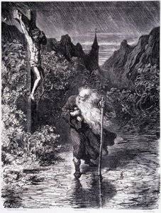 El judío errante pasando cerca de un Calvario - en "La leyenda del judío errante" de Gustave Doré, Librería de la Tienda Pintoresca de Gustave Dore