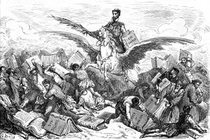 El escritor Cervantes cabalga sobre un caballo de alas (Pegase), su libro "Don Quijote" y una pluma en la mano, sobrevolando a otros escritores que llevan (¡pesadamente!) sus libros. Grabado de Gustave Dore que ilustra la edición Hachette de 1869 del libro de Gustave Dore