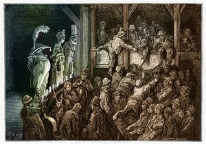 Teatro: el público durante una representación teatral. Colorido grabado de "" Londres, una peregrinación "" ilustrado por Gustave Dore (1832-1883).
