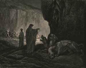 Entonces mi guía, sus palmas expandiéndose en el suelo, c1890 de Gustave Dore