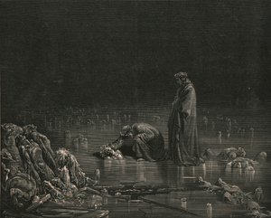 Entonces, agarrando su cuero cabelludo trasero, grité: Nómbrate, o no quedará un pelo aquí, c. 1890 de Gustave Dore