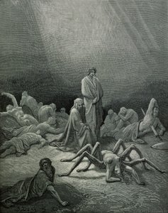 Virgilio (70-19 a.C.) y Dante mirando a la mujer araña, ilustración de 