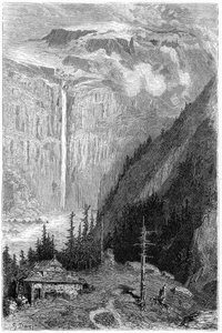 Cascada del Circo de Gavarnie vista desde la posada: grabado de Gustave Dore que ilustra el libro "Voyage aux Pyrénées" de Hippolyte Taine, Hachette 1860. de Gustave Dore