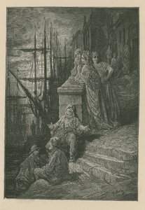 Familia de barquero en una escalera junto al río Támesis de Gustave Dore