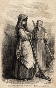 Las espigadoras de Extremadura, con sus grandes rastrillos de madera para recoger la parte de la cosecha que se olvidó en los campos después de la cosecha. Grabado para ilustrar el viaje a España por Gustave Doré (1832-1883) ilustrador y Barón Ch. Davillie de Gustave Dore
