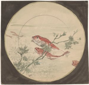 Diseño de un cartel con peces rojos nadando hacia arriba