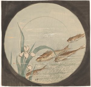 Diseño para un cartel que muestra cuatro peces marrones que nadan hacia abajo cerca de un lirio blanco de Gustave Fraipont (signed by artist)