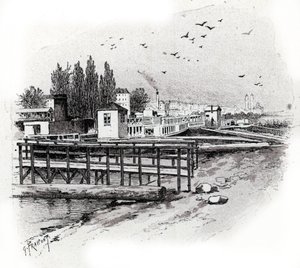 Atelier de repparation des bateau omnibus (Bateau-bus) à Paris (Talleres de reparación de autobuses acuáticos (barcos de cercanías) en el río Sena en París) Dibujo de Gustave Fraipont (1849-1923) extraído de "La seine a travers Paris" de Saint-Juirs. de Gustave Fraipont