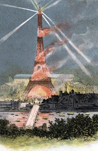 Torre Eiffel iluminada durante la Exposición Universal de París de 1889 Dibujo de Gustave Fraipont (1849-1923) extraído de "La seine a travers Paris" de Saint-Juirs