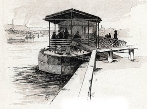 Embarcadere des Bateaux-mouches sur la Seine, Paris (Vista del embarcadero de barcos turísticos en el río Sena, París) Dibujo de Gustave Fraipont (1849-1923) extraído de "La seine a travers Paris" de Saint-Juirs