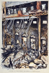 Incendio de la Opera Comique (Opera-Comique) en París el 25 de mayo de 1887 durante la representación del primer acto de "Mignon" de Ambroise Thomas. Las ruinas interiores. Ilustración de Gustave Fraipont (1849-1923) Grabado de 1887 en "Paris-Illustrous jo