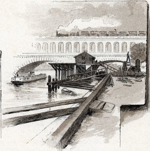 Le viaduct du point du Jour, Boulogne-Billancourt (Vista del puente viaducto del barrio de Point du jour, Boulogne Billancourt) Dibujo de Gustave Fraipont (1849-1923) de Saint-Juirs de Gustave Fraipont