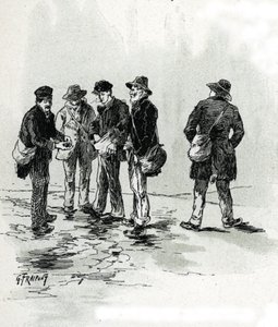 Les marchands de bout de cigare dans quartier Maubert, Paris (Comerciantes callejeros de puntas de cigarros y cigarrillos, barrio de Maubert, París) Dibujo de Gustave Fraipont (1849-1923) extraído de "La seine a travers Paris" de Saint-Juirs