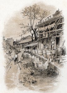 Megisseries de la rue du pot-au-lait dans le quartier du Pete Gentilly sur les bords de la Bievre a Paris (Vista del río Bievre y de los puestos de venta de cuero en el barrio del Pete Gentilly, París) Dibujo de Gustave Fraipont (1849-1923) de Sain