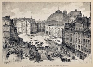 La nueva Rue du Louvre y la Halle au Blé en París en 1887. Ilustración de Gustave Fraipont (1849 - 1923). Grabado de 1887 en “Paris-Illustrous journal weekly”. de Gustave Fraipont