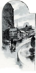 Vista de los brocanteurs en la esquina de la rue de la bucherie en París (Tiendas de segunda mano en la rue de la Bucherie, París) Dibujo de Gustave Fraipont (1849-1923) extraído de "La seine a travers Paris" de Saint-Juirs de Gustave Fraipont