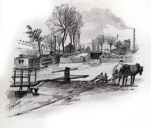 Vista del canal Saint-Denis y del muelle de la Gironde en la Villette, París (View of the canal saint Denis and quai de la Gironde in the Villette district, paris) Dibujo de Gustave Fraipont (1849-1923) de Saint-Juirs de Gustave Fraipont