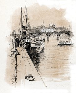 Vista de la compañía Seine et Thames cuyos barcos unen París y Londres Dibujo de Gustave Fraipont (1849-1923) extraído de "La seine a travers Paris" de Saint-Juirs de Gustave Fraipont