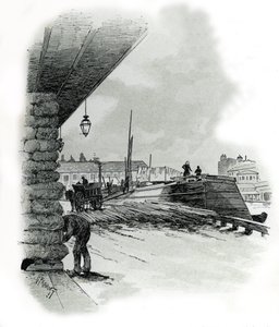 Vista de los hangares del puerto de La Villette en París (Boathouses and shed of the port of La Villette, Paris) Dibujo de Gustave Fraipont (1849-1923) extraído de "La seine a travers Paris" de Saint-Juirs
