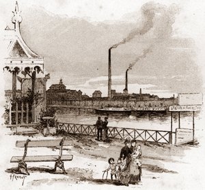 Vista del quai de Javel en París, actuel quai André-Citroen (Vista del quai André Citroen antiguamente quai de Javel, París) Dibujo de Gustave Fraipont (1849-1923) extraído de "La seine a travers Paris" de Saint-Juirs de Gustave Fraipont
