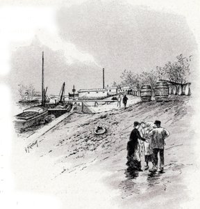 Vista de las orillas del Sena y del muelle Saint-Bernard, París Dibujo de Gustave Fraipont (1849-1923) extraído de "La seine a travers Paris" de Saint-Juirs de Gustave Fraipont