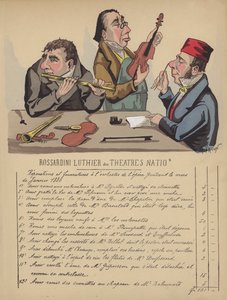 Proyecto de ley de instrumentos musicales para la orquesta de la ópera (litografía en color) de Gustave Frison