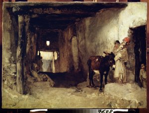 Orientalismo: ""A house in the Sahara"" (Una casa en el Sahara) Una mujer y su hijo acompañados de un burro. Pintura de Gustave Guillaumet (1840-1887) circa 1880 Museo Pushkin, Moscú