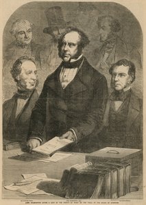 Lord Palmerston colocando una copia del Tratado de Paz sobre la mesa de la Cámara de los Comunes de Gustave Janet