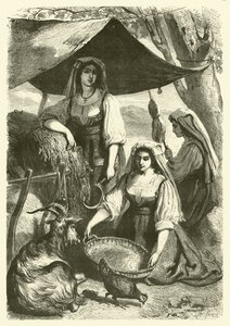 Mujeres vendiendo heno a carreteros en el camino, Italia de Gustave Janet