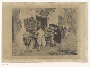 Hombres reunidos en torno a un expositor de un librero
Les Bibliophiles (título en el objeto) de Gustave Marie Greux