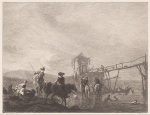 Descansando y nadando figuras en un banco Die pferdetränke (título sobre objeto) de Gustave Marie Greux