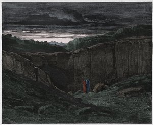 Inferno, Canto 3: Virgilio y Dante en las puertas del infierno, ilustración de La Divina Comedia de Dante Alighieri, 1885 de Gustave after Dore