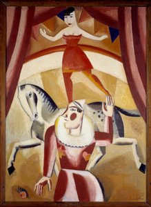 Circo III Un acróbata Ecuyere en equilibrio sobre un caballo y un payaso en una pista de circo dando un espectáculo. Pintura de Gustave de Smet (1877-1943) 1926 Sol. 1,3x1,1 m Grenoble, Museo de Bellas Artes ¡Atención! La utilización de esta obra puede est