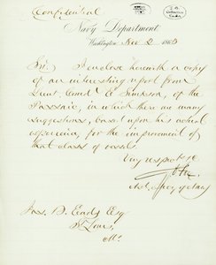 Carta firmada por G.V. Fox, Departamento de la Marina, Washington, a Jas. B. Eads [James B. Eads], St. Louis, Mo., 2 de noviembre de 1863 de Gustavus Vasa Fox