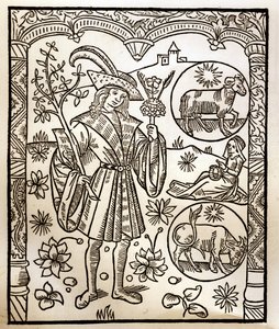 Calendario del pastor - Los trabajos de los meses - Abril - Grabado en madera del libro de 1496 impreso por Guy Marchant (Guido Mercator) en Troyes - Grabado en madera en 