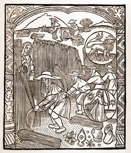Calendario del pastor - Los trabajos de los meses - Agosto - Xilografía del libro de 1496 impreso por Guy Marchant (Guido Mercator) en Troyes - Grabado en madera en “Le grand Calendrier et compost des shepherds” de Guy Marchant