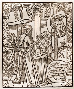 Calendario del pastor - Los trabajos de los meses - Febrero - Xilografía del libro de 1496 impreso por Guy Marchant (Guido Mercator) en Troyes - Grabado en madera en “Le grand Calendrier et compost des shepherds” de Guy Marchant