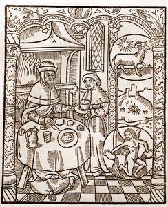 Calendario del pastor - Los trabajos de los meses - Enero - Xilografía del libro de 1496 impreso por Guy Marchant (Guido Mercator) en Troyes - Grabado en madera en “Le grand Calendrier et compost des bergers” de Guy Marchant
