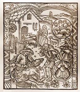 Calendario del pastor - Los trabajos de los meses - Junio - Xilografía del libro de 1496 impreso por Guy Marchant (Guido Mercator) en Troyes - Grabado en madera en “Le grand Calendrier et compost des shepherds” de Guy Marchant