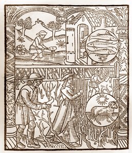 Calendario del pastor - Los trabajos de los meses - Marzo - Xilografía del libro de 1496 impreso por Guy Marchant (Guido Mercator) en Troyes - Grabado en madera en “Le grand Calendrier et compost des shepherds” de Guy Marchant